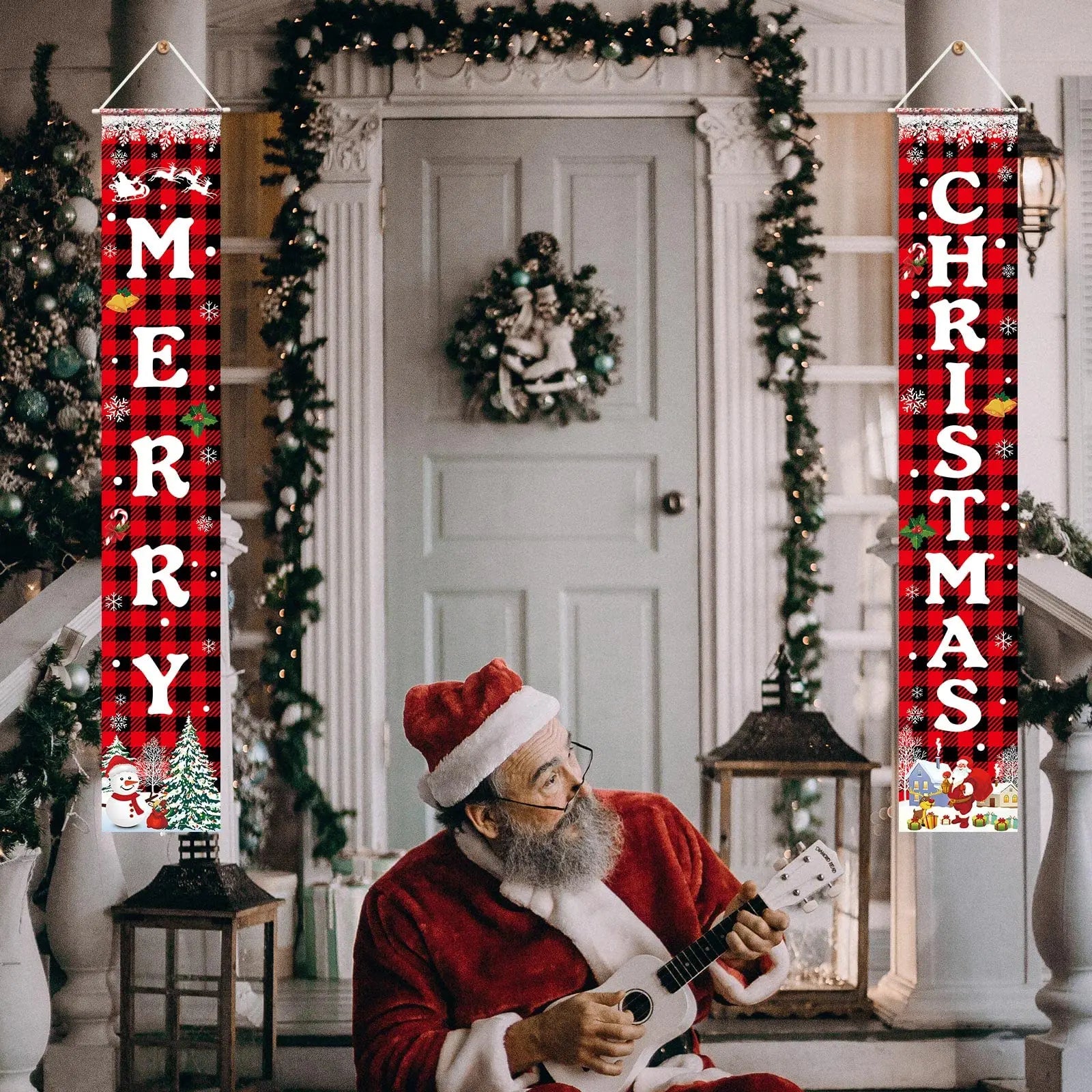 Merry Christmas Welcome Banner – 72" Festive Buffalo Plaid Porch Sign for Indoor & Outdoor Holiday Decor