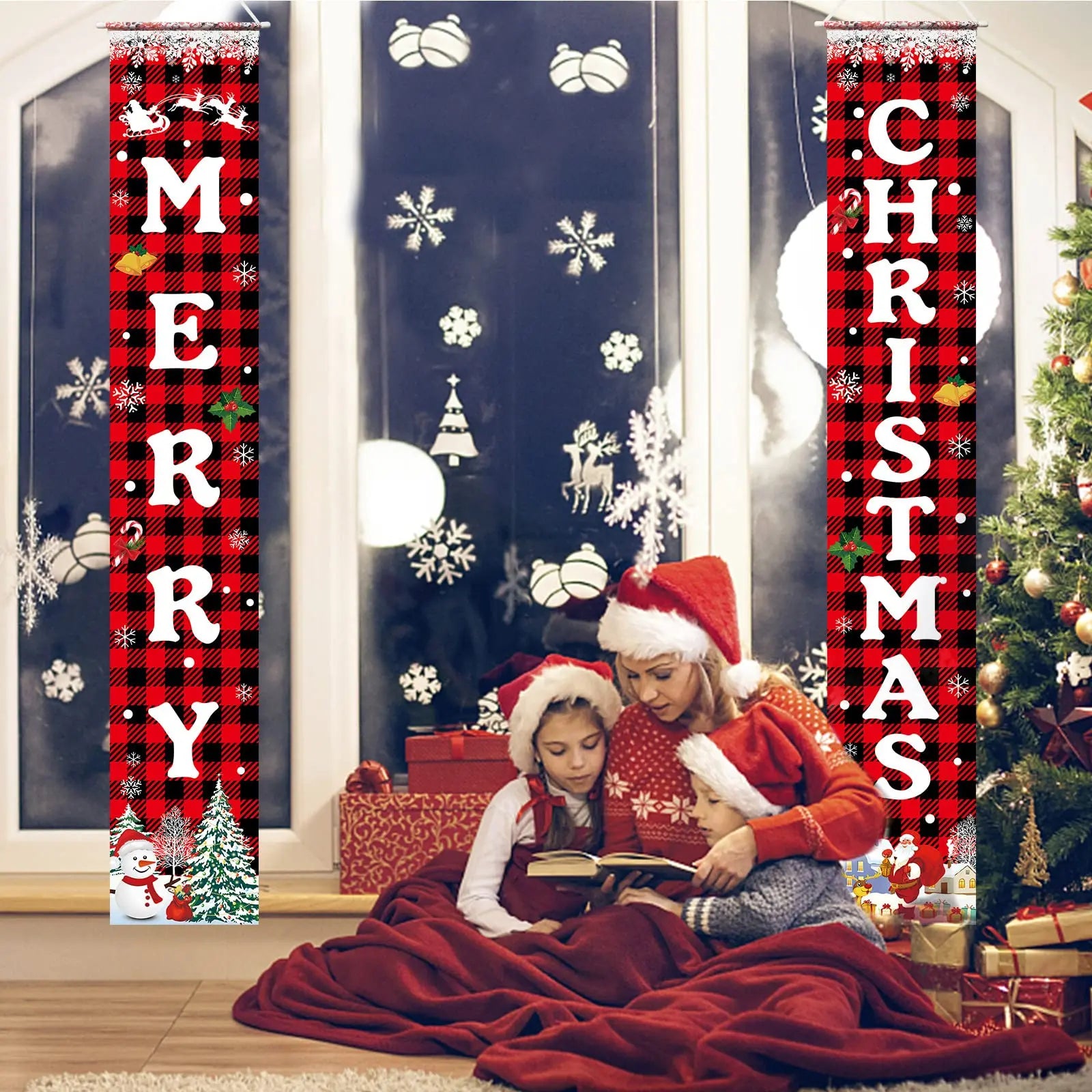 Merry Christmas Welcome Banner – 72" Festive Buffalo Plaid Porch Sign for Indoor & Outdoor Holiday Decor