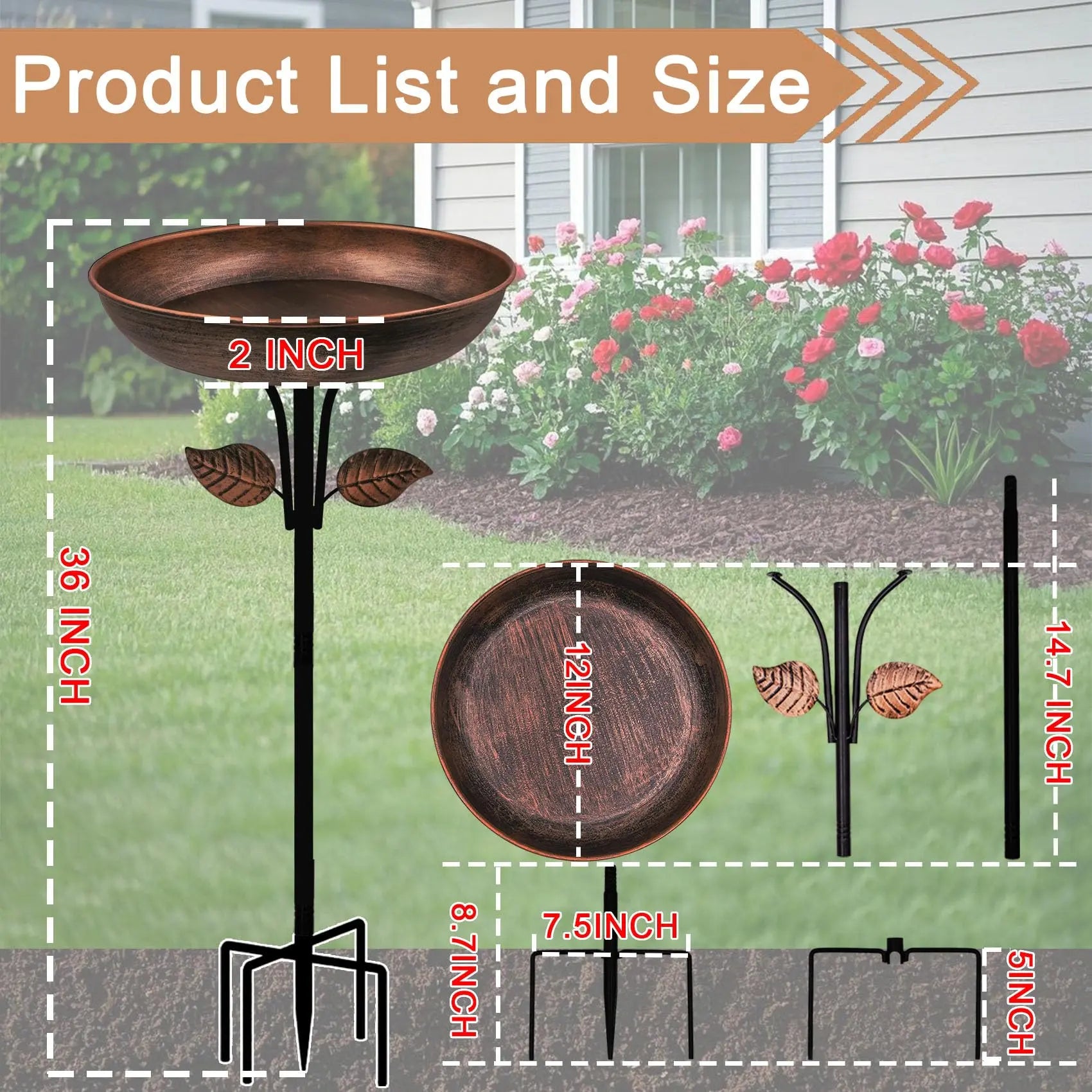 3" Deep Metal Bird Bath – 13” Bowl with Stable Stake for Outdoor Garden Decor, 1.4 Gallon Capacity
