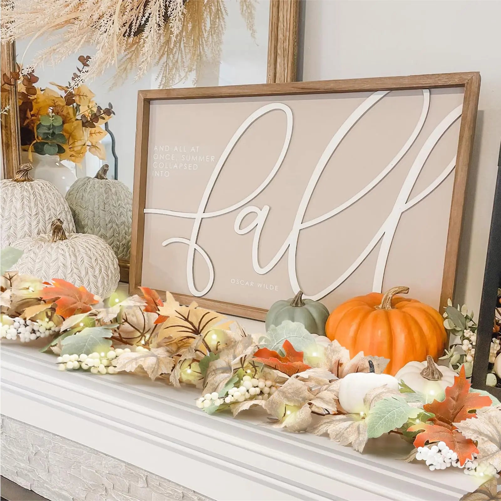 Neutral Fall Garland Set – 2-Pack 6FT Autumn Leaf Garlands with Pumpkins & Pinecones for Farmhouse & Boho Decor