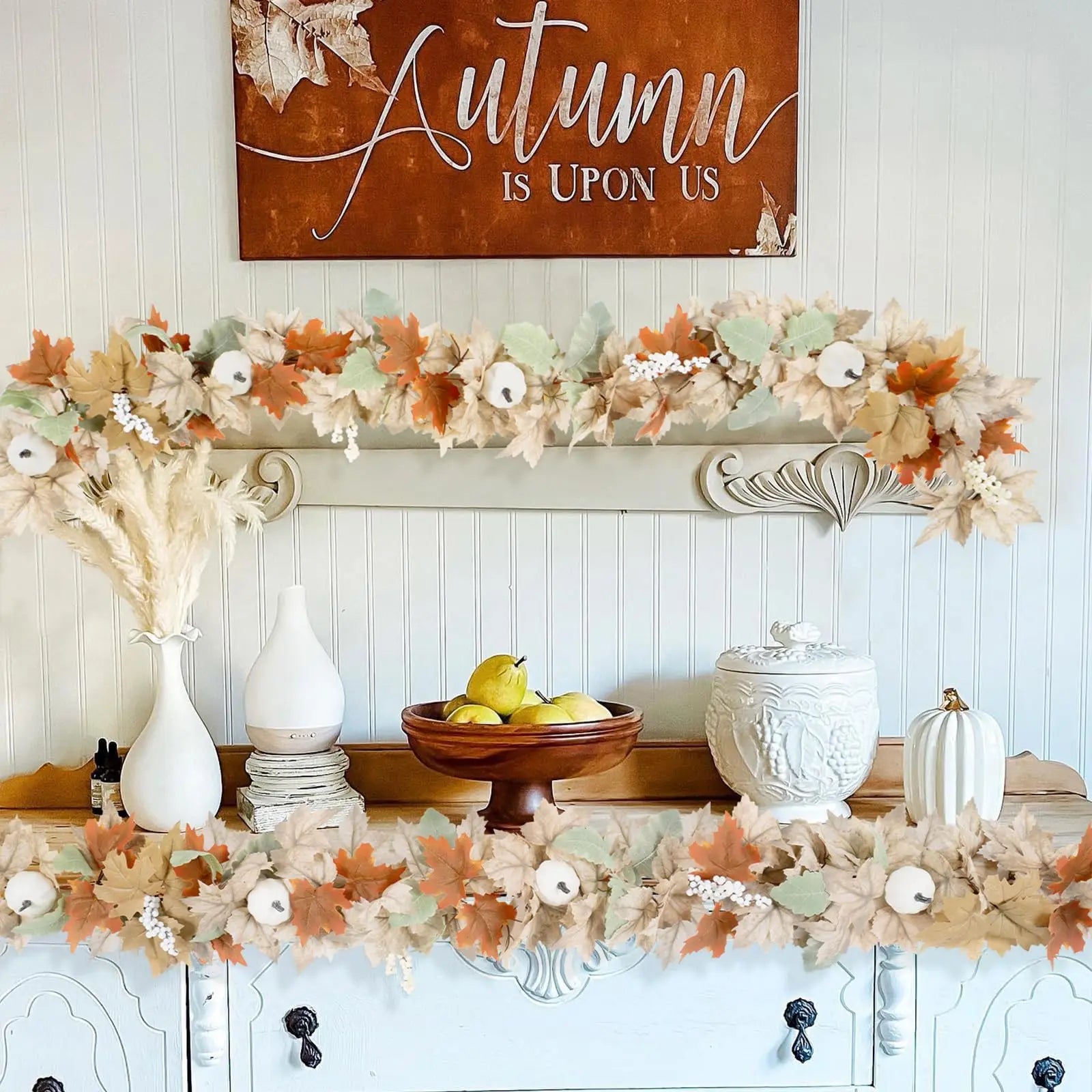 Neutral Fall Garland Set – 2-Pack 6FT Autumn Leaf Garlands with Pumpkins & Pinecones for Farmhouse & Boho Decor
