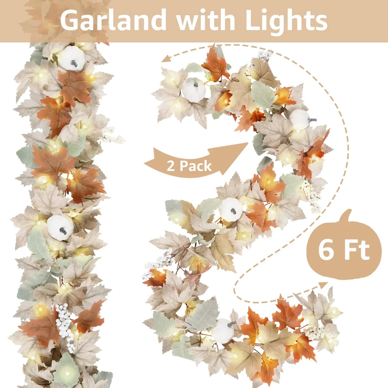 Neutral Fall Garland Set – 2-Pack 6FT Autumn Leaf Garlands with Pumpkins & Pinecones for Farmhouse & Boho Decor