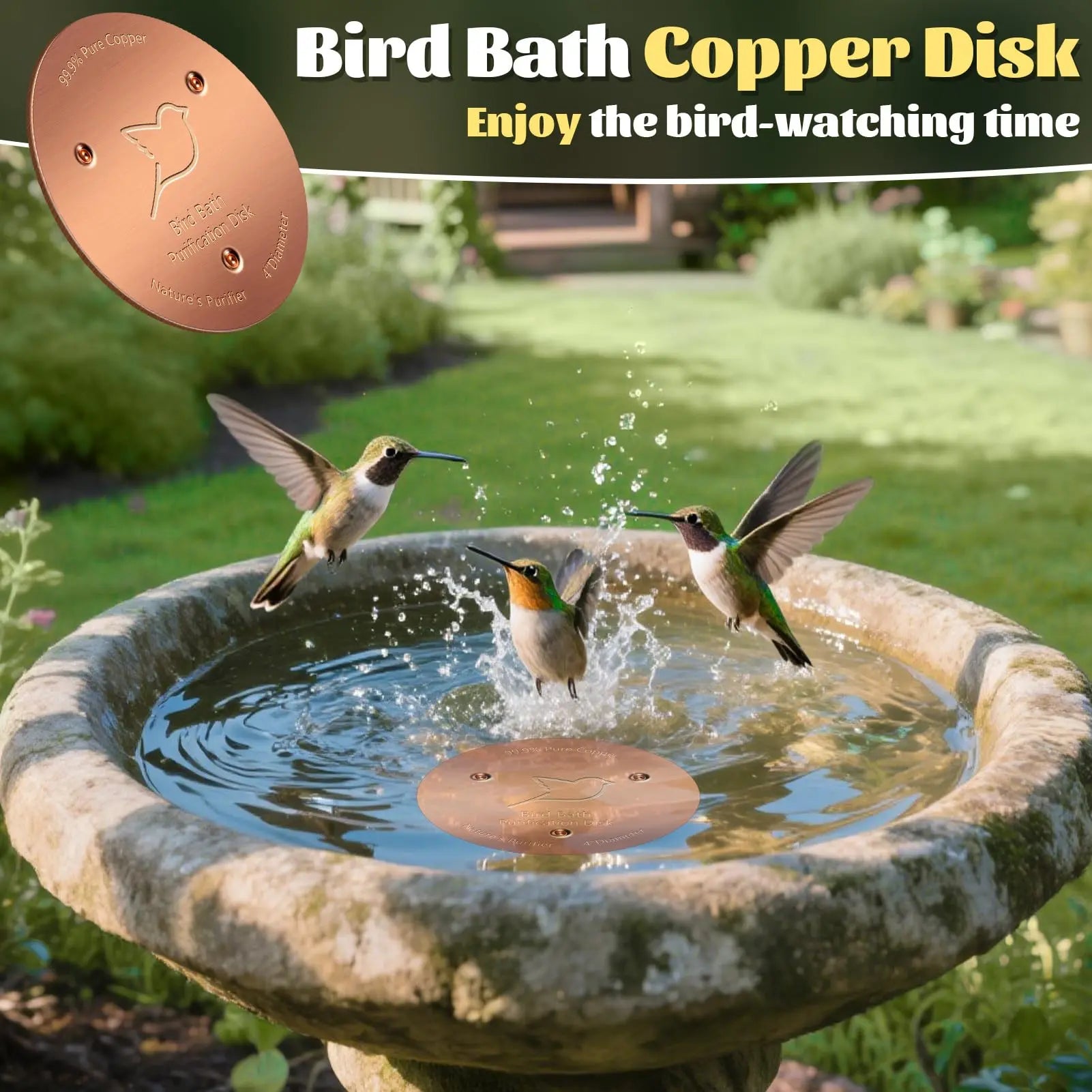 Pure Copper Bird Bath Cleaner Disk – All-Natural Water Purification for Outdoor Birdbaths