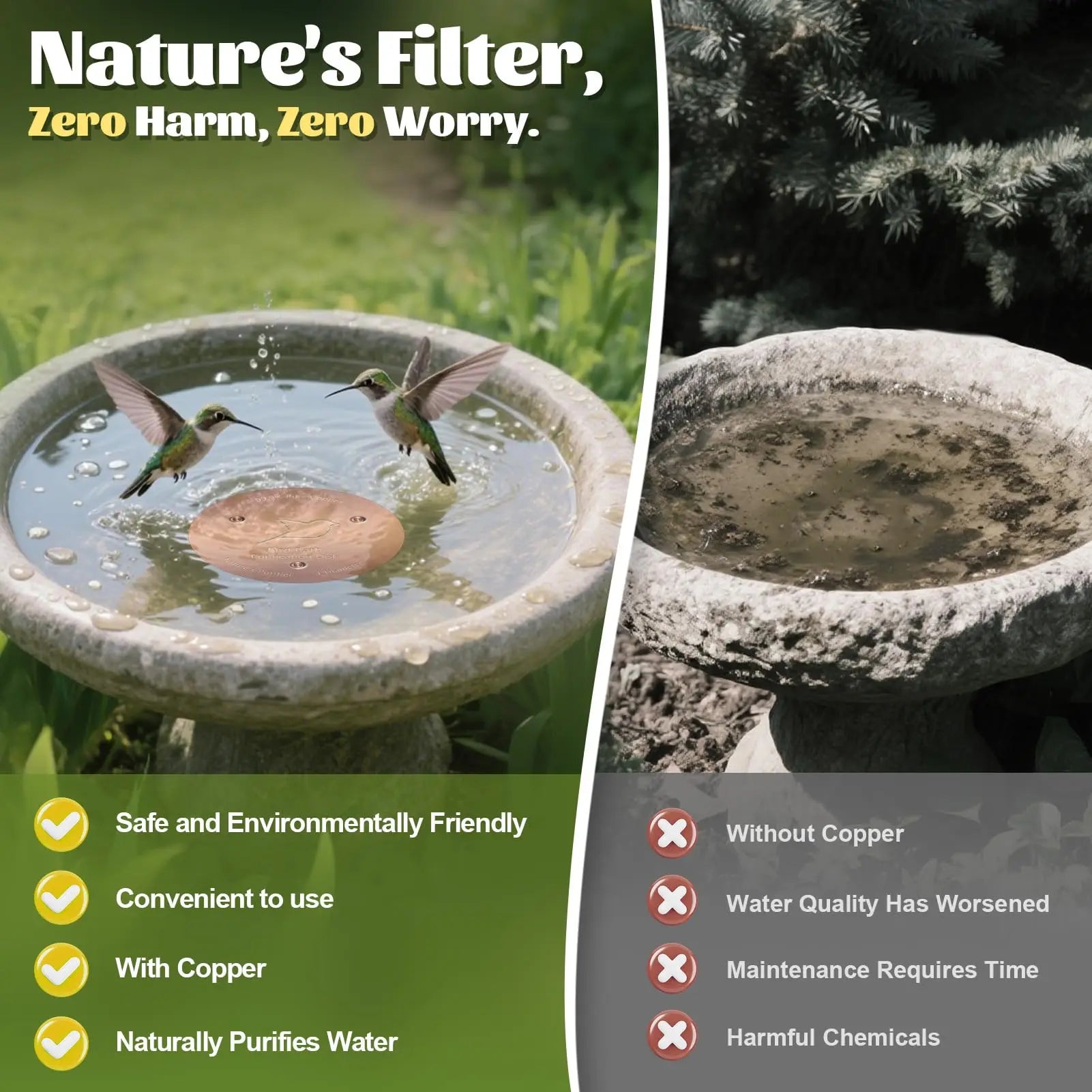 Pure Copper Bird Bath Cleaner Disk – All-Natural Water Purification for Outdoor Birdbaths