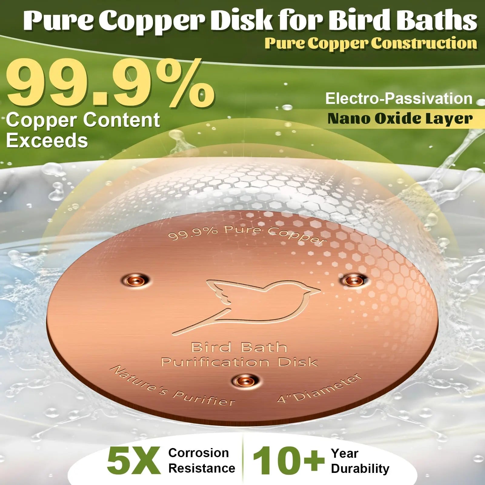 Pure Copper Bird Bath Cleaner Disk – All-Natural Water Purification for Outdoor Birdbaths