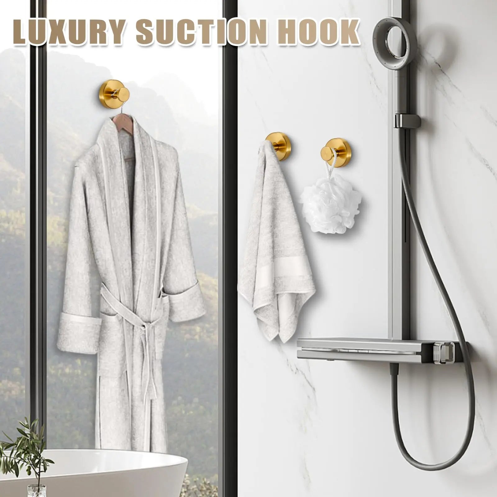 No-Drill Suction Cup Hooks – Brushed Gold Shower & Wall Hooks for Towels, Robes & Loofahs, Halloween Christmas Decorations