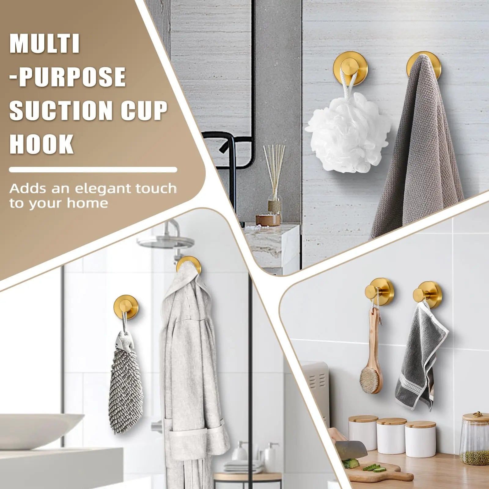 No-Drill Suction Cup Hooks – Brushed Gold Shower & Wall Hooks for Towels, Robes & Loofahs, Halloween Christmas Decorations