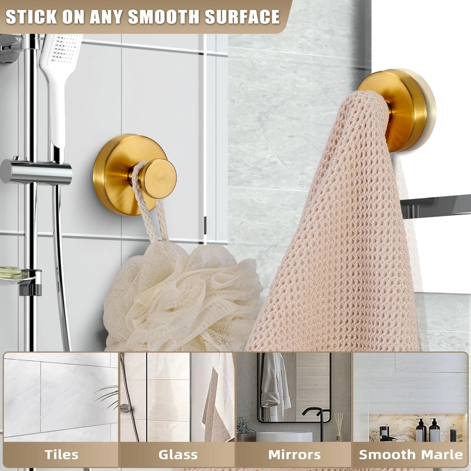 No-Drill Suction Cup Hooks – Brushed Gold Shower & Wall Hooks for Towels, Robes & Loofahs, Halloween Christmas Decorations