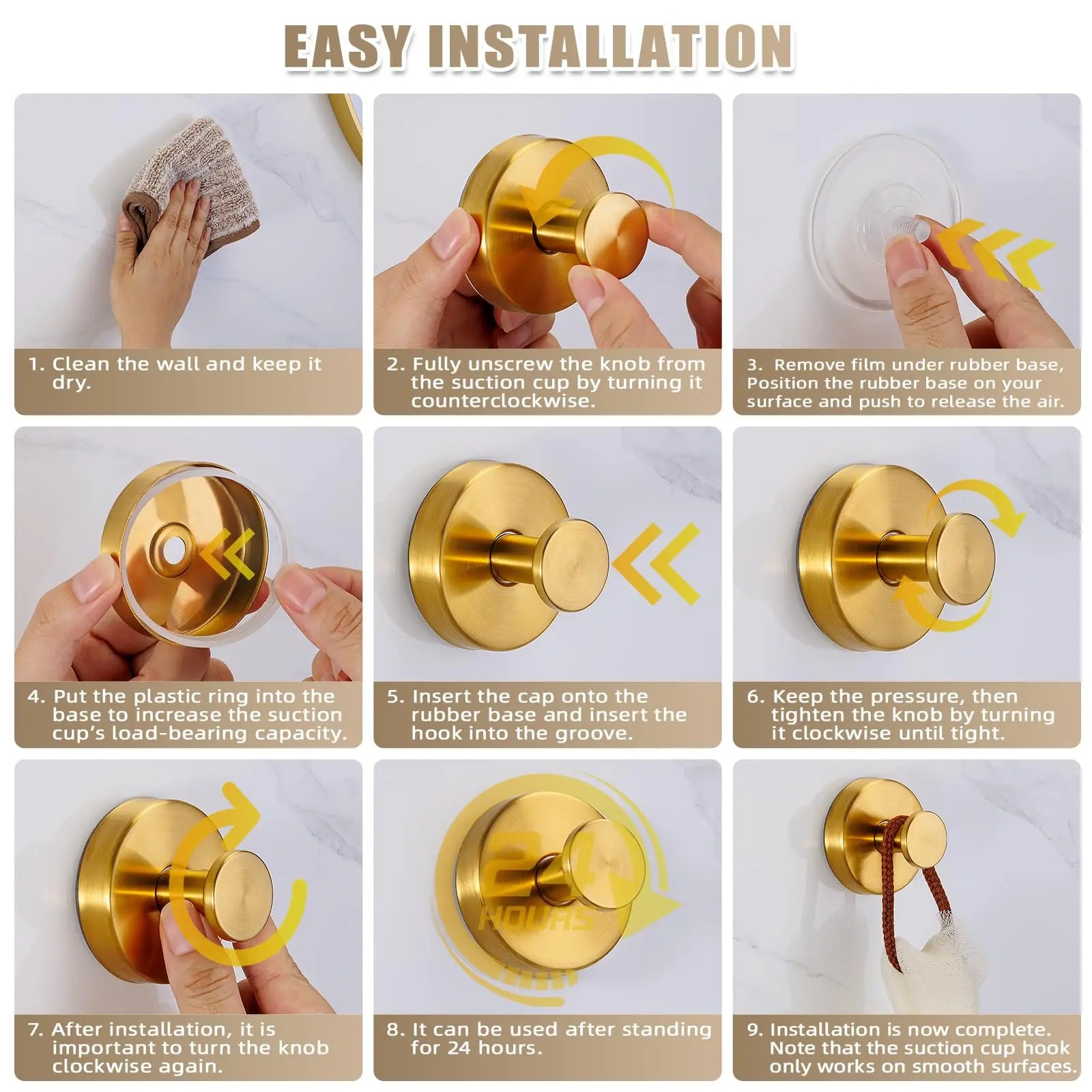 No-Drill Suction Cup Hooks – Brushed Gold Shower & Wall Hooks for Towels, Robes & Loofahs, Halloween Christmas Decorations