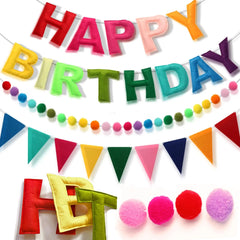 Pre-Strung Happy Birthday Banner Set - Reusable Felt Ball Garland & Triangle Flag Decor in Vibrant Rainbow Colors