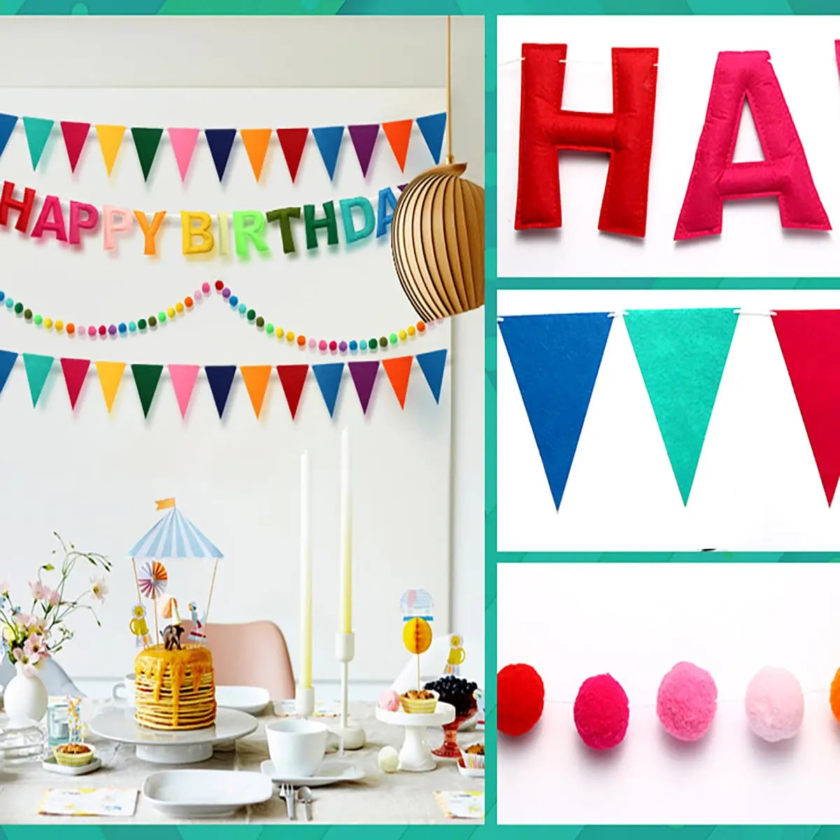Pre-Strung Happy Birthday Banner Set - Reusable Felt Ball Garland & Triangle Flag Decor in Vibrant Rainbow Colors