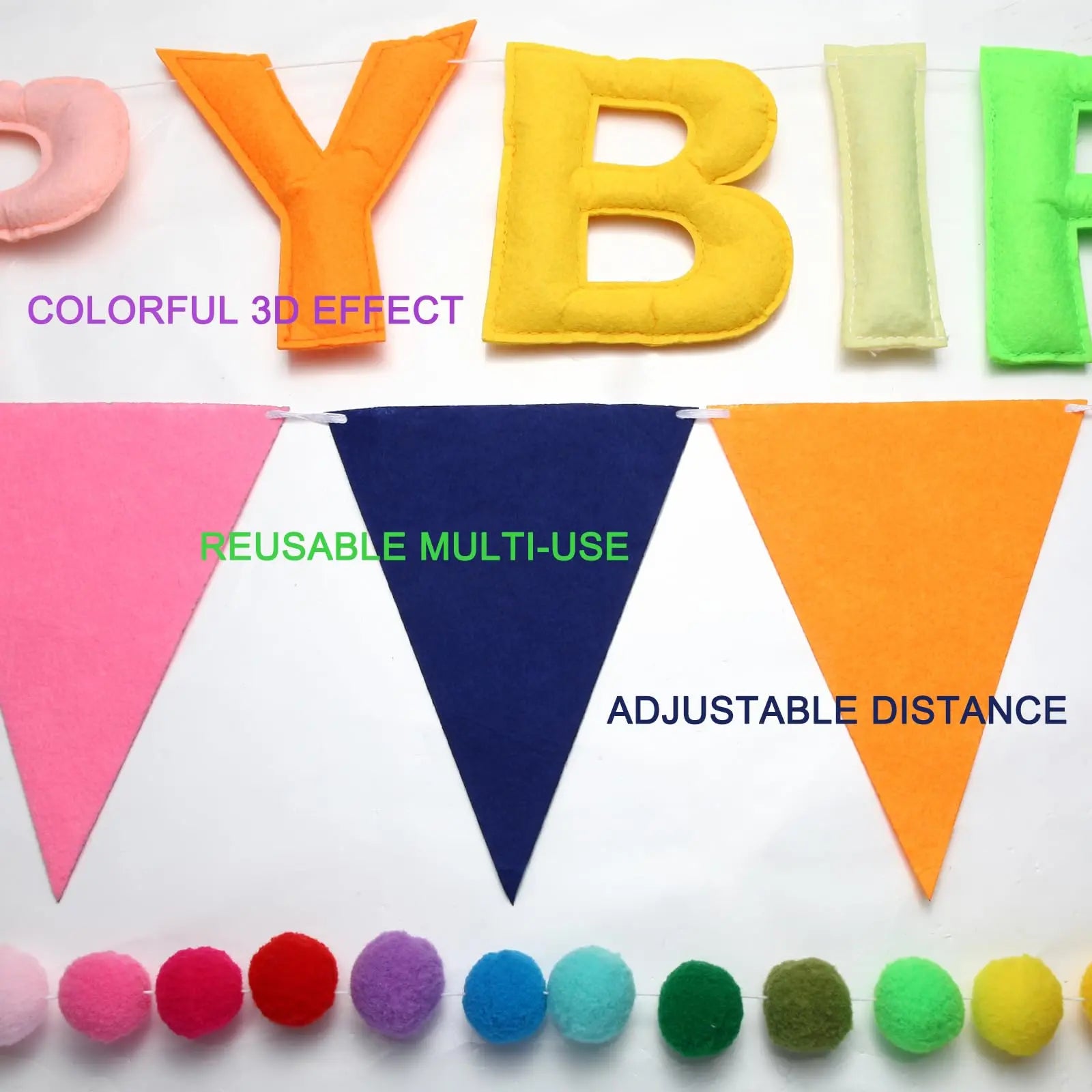 Pre-Strung Happy Birthday Banner Set - Reusable Felt Ball Garland & Triangle Flag Decor in Vibrant Rainbow Colors