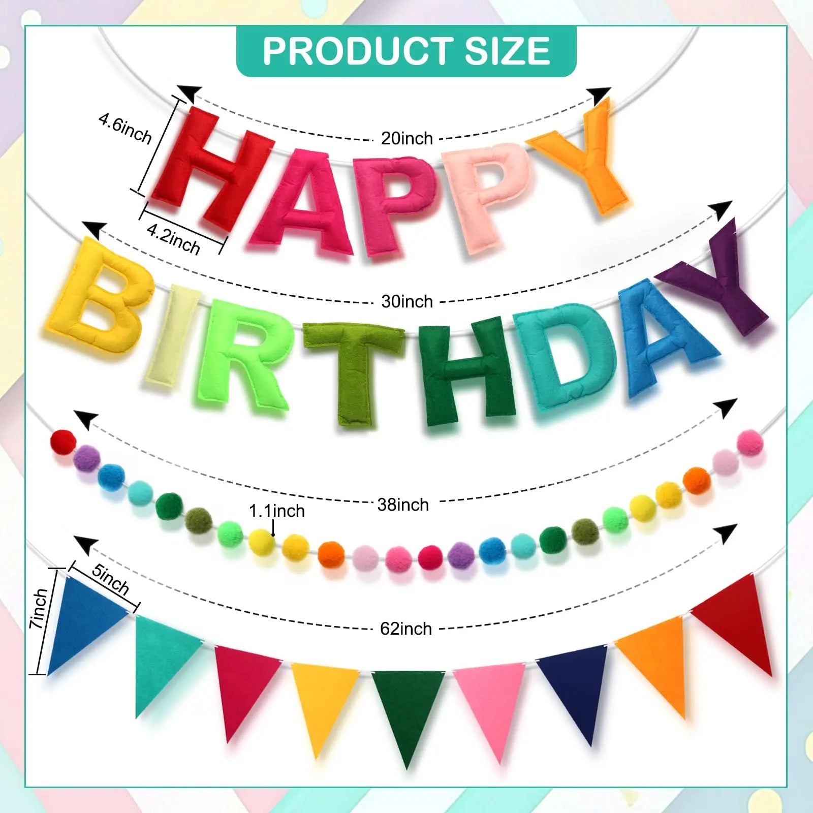 Pre-Strung Happy Birthday Banner Set - Reusable Felt Ball Garland & Triangle Flag Decor in Vibrant Rainbow Colors