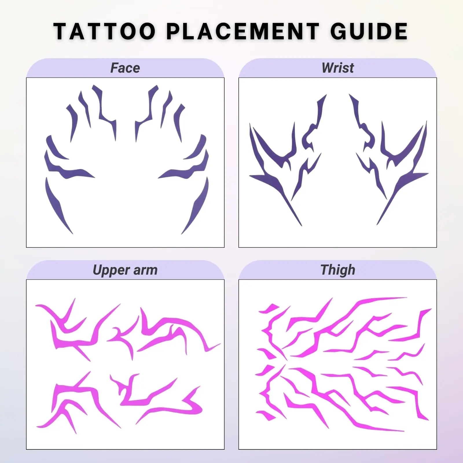 Purple Temporary Tattoo Stickers – 4 PCS Realistic Purple Body Art + 4 PCS UV Fluorescent Tattoos (Under Black Light) | Waterproof | For Cosplay, Halloween, and Party Makeup