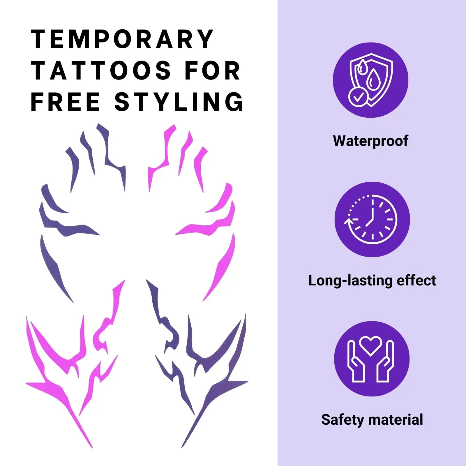Purple Temporary Tattoo Stickers – 4 PCS Realistic Purple Body Art + 4 PCS UV Fluorescent Tattoos (Under Black Light) | Waterproof | For Cosplay, Halloween, and Party Makeup