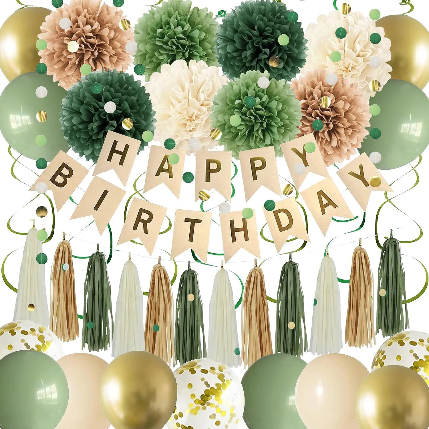 Sage Green Birthday Party Decorations – Complete Kit with Banner, Pompoms, Garland & Balloons for Women & Girls