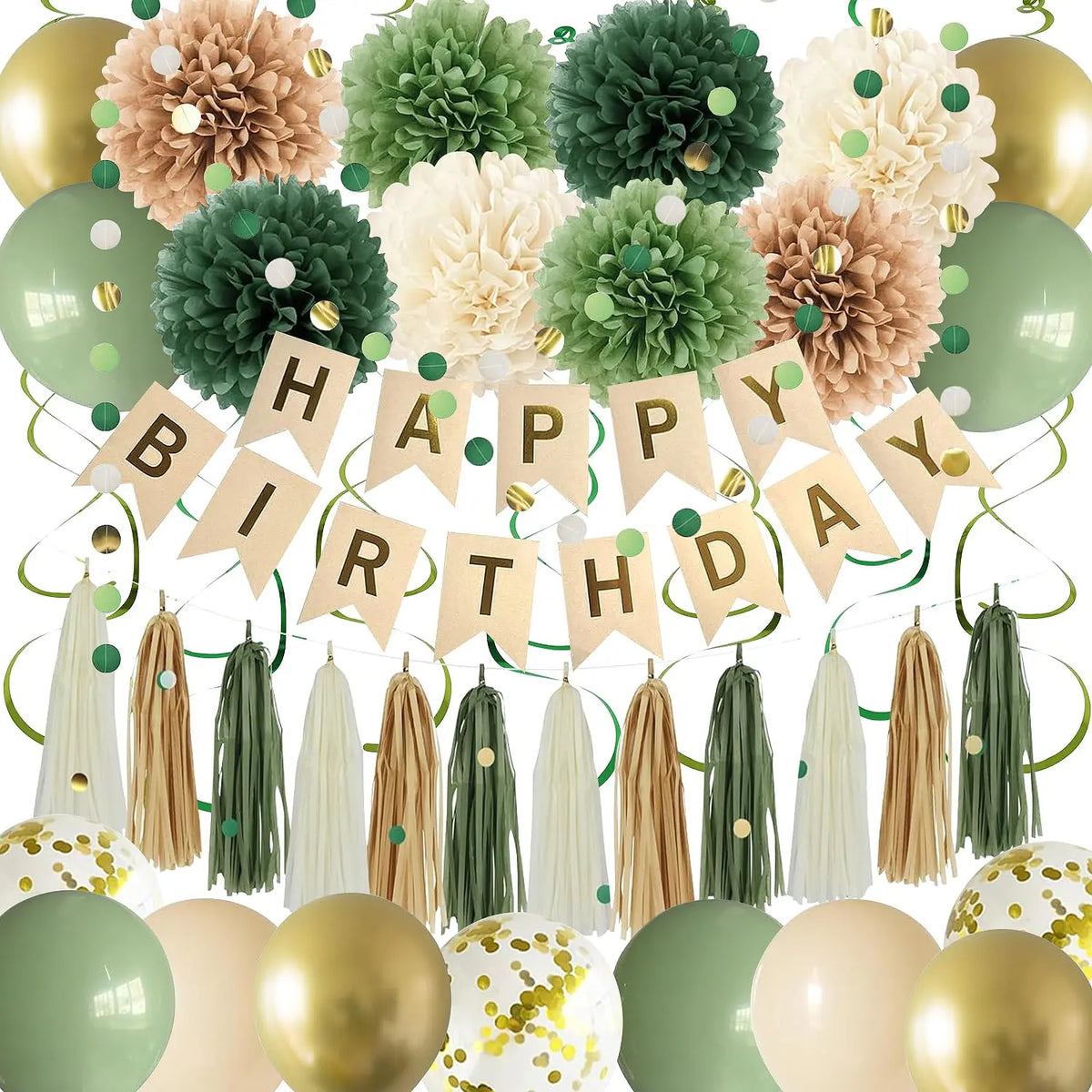 Sage Green Birthday Party Decorations – Complete Kit with Banner, Pompoms, Garland & Balloons for Women & Girls