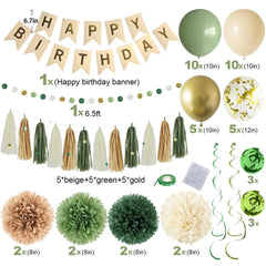 Sage Green Birthday Party Decorations – Complete Kit with Banner, Pompoms, Garland & Balloons for Women & Girls