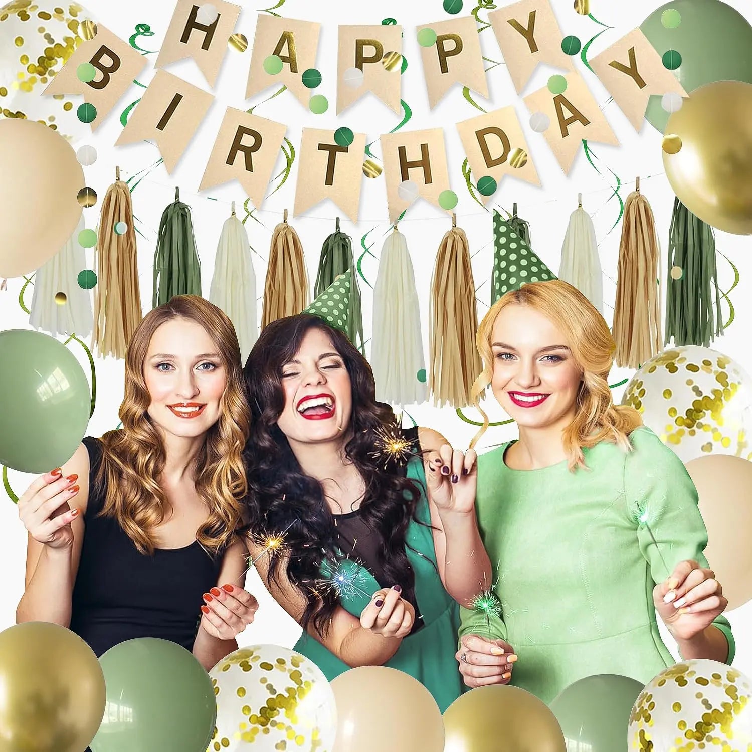 Sage Green Birthday Party Decorations – Complete Kit with Banner, Pompoms, Garland & Balloons for Women & Girls