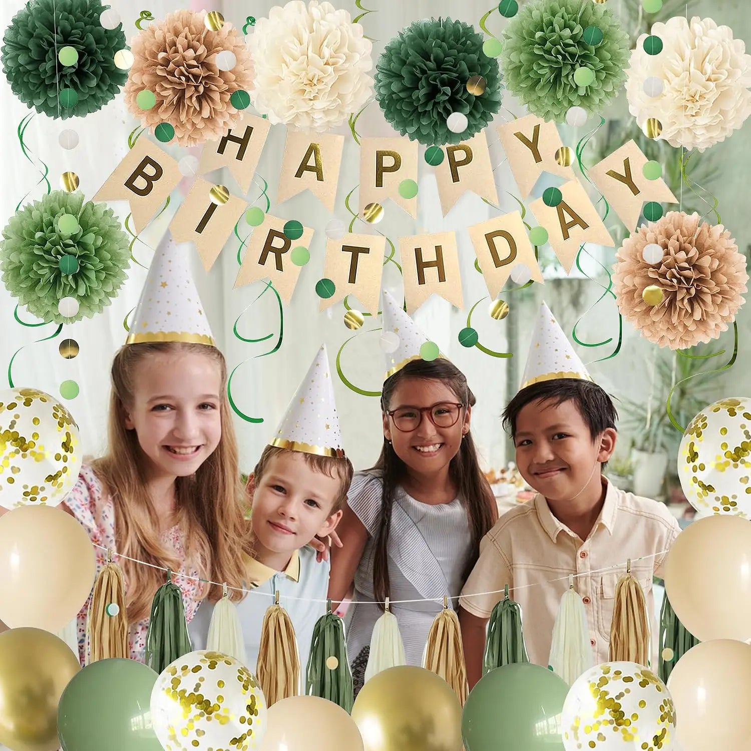 Sage Green Birthday Party Decorations – Complete Kit with Banner, Pompoms, Garland & Balloons for Women & Girls