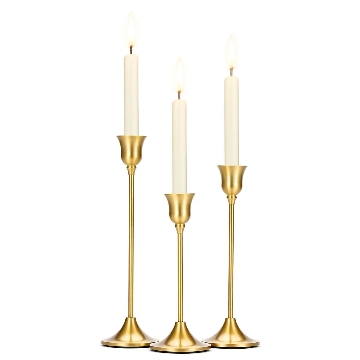 Taper Candle Stick Holder - 3PCS Brass Gold Pillar Tall Candlestick Holders Metal Vintage Decor Dinner Table Centerpieces Decorations for Wedding Fireplace Mantel Housewarming Gift