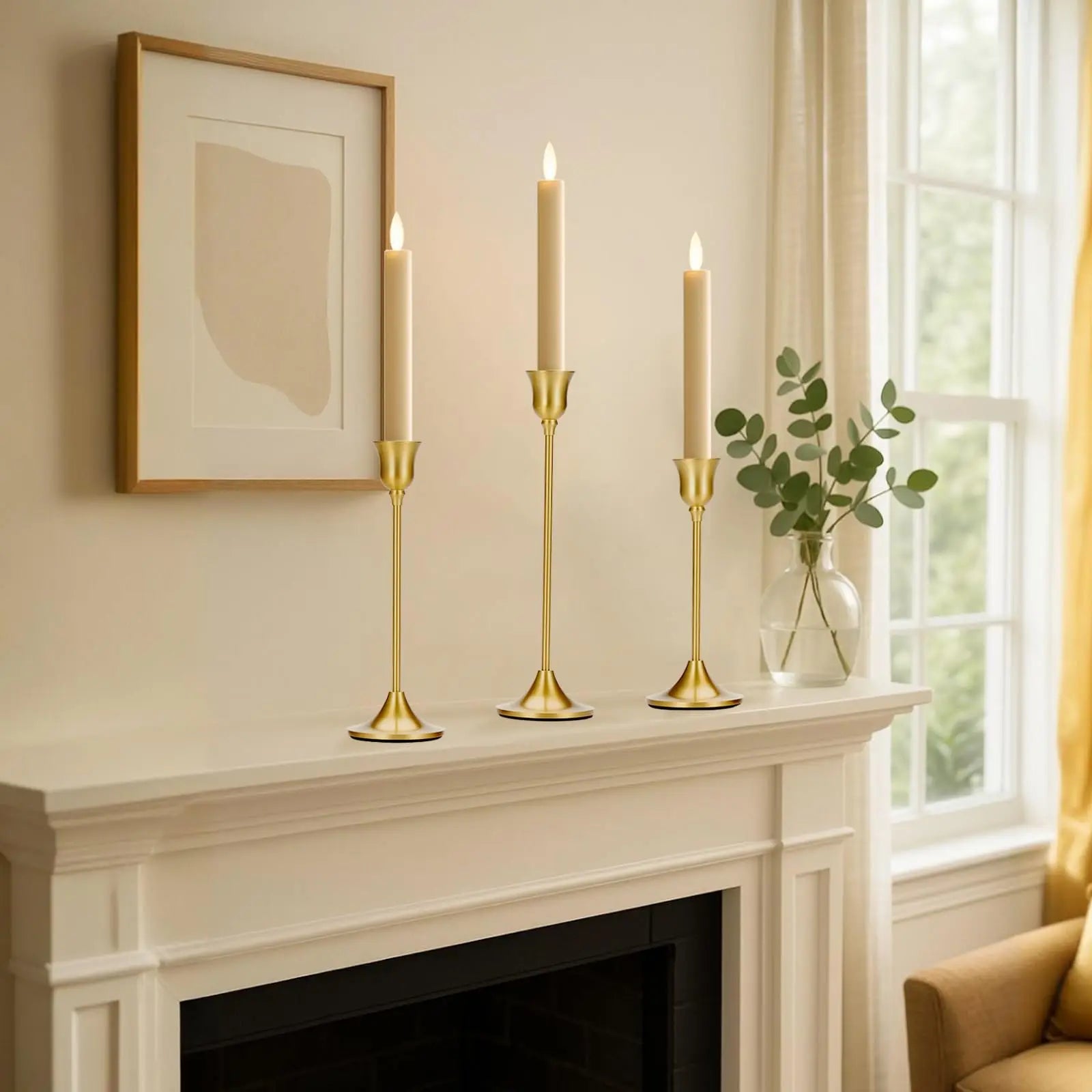 Taper Candle Stick Holder - 3PCS Brass Gold Pillar Tall Candlestick Holders Metal Vintage Decor Dinner Table Centerpieces Decorations for Wedding Fireplace Mantel Housewarming Gift