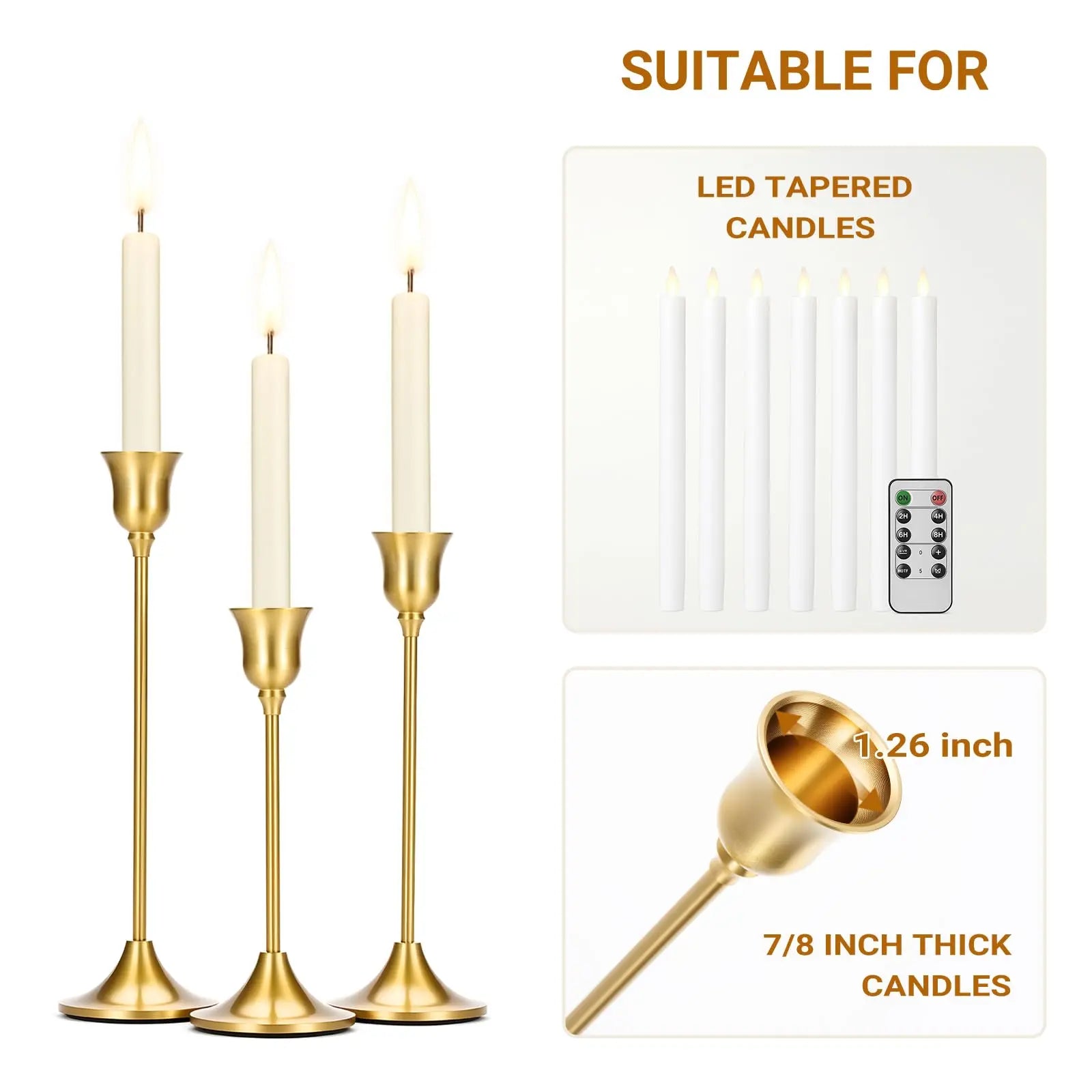 Taper Candle Stick Holder - 3PCS Brass Gold Pillar Tall Candlestick Holders Metal Vintage Decor Dinner Table Centerpieces Decorations for Wedding Fireplace Mantel Housewarming Gift