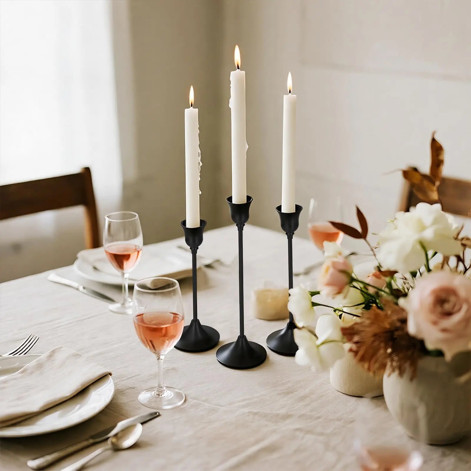 Taper Candle Stick Holder - 3PCS Brass Gold Pillar Tall Candlestick Holders Metal Vintage Decor Dinner Table Centerpieces Decorations for Wedding Fireplace Mantel Housewarming Gift