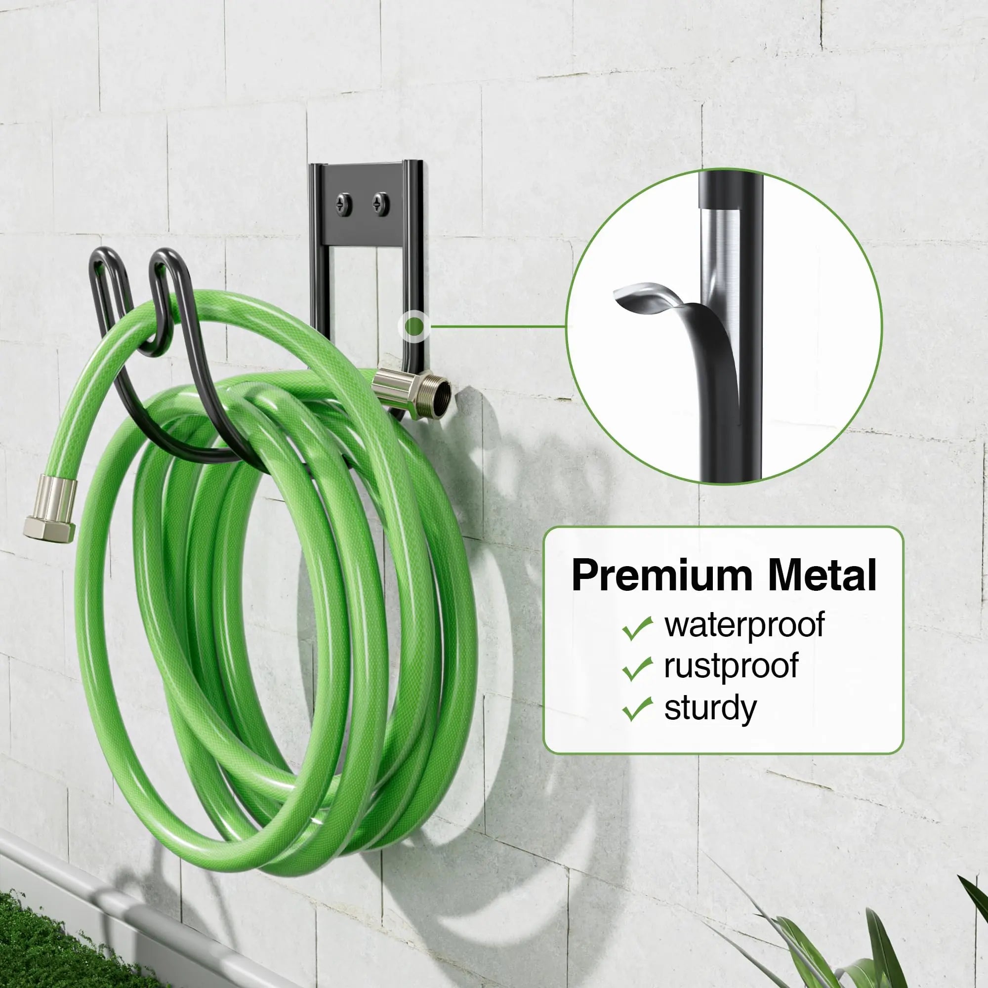 Wall-Mounted Garden Hose Holder – All-Weather Steel Hook with Nozzle Groove