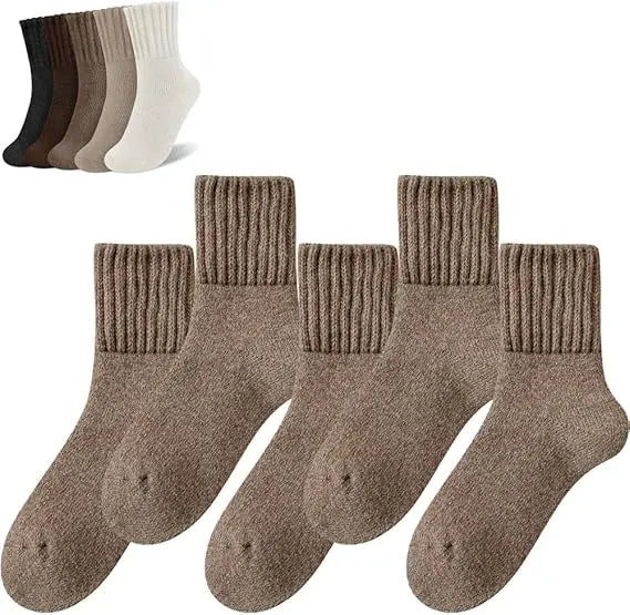 5 Pairs Women's Solid Mid-Calf Socks - Warm Winter Thick Wool Blend Long Slouchy Cotton Socks - Cute Calf-Length Style