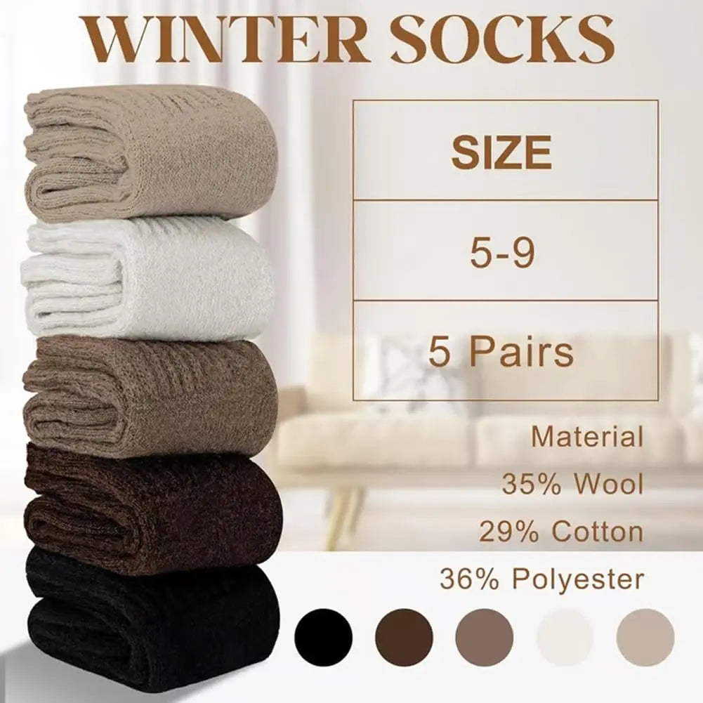 5 Pairs Women's Solid Mid-Calf Socks - Warm Winter Thick Wool Blend Long Slouchy Cotton Socks - Cute Calf-Length Style