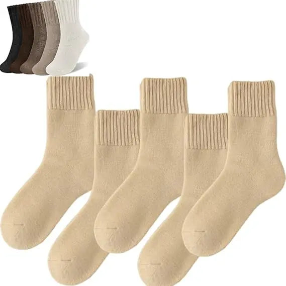 5 Pairs Women's Solid Mid-Calf Socks - Warm Winter Thick Wool Blend Long Slouchy Cotton Socks - Cute Calf-Length Style