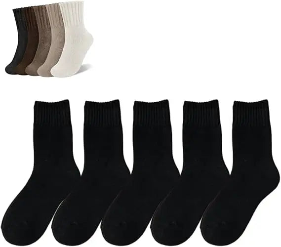 5 Pairs Women's Solid Mid-Calf Socks - Warm Winter Thick Wool Blend Long Slouchy Cotton Socks - Cute Calf-Length Style