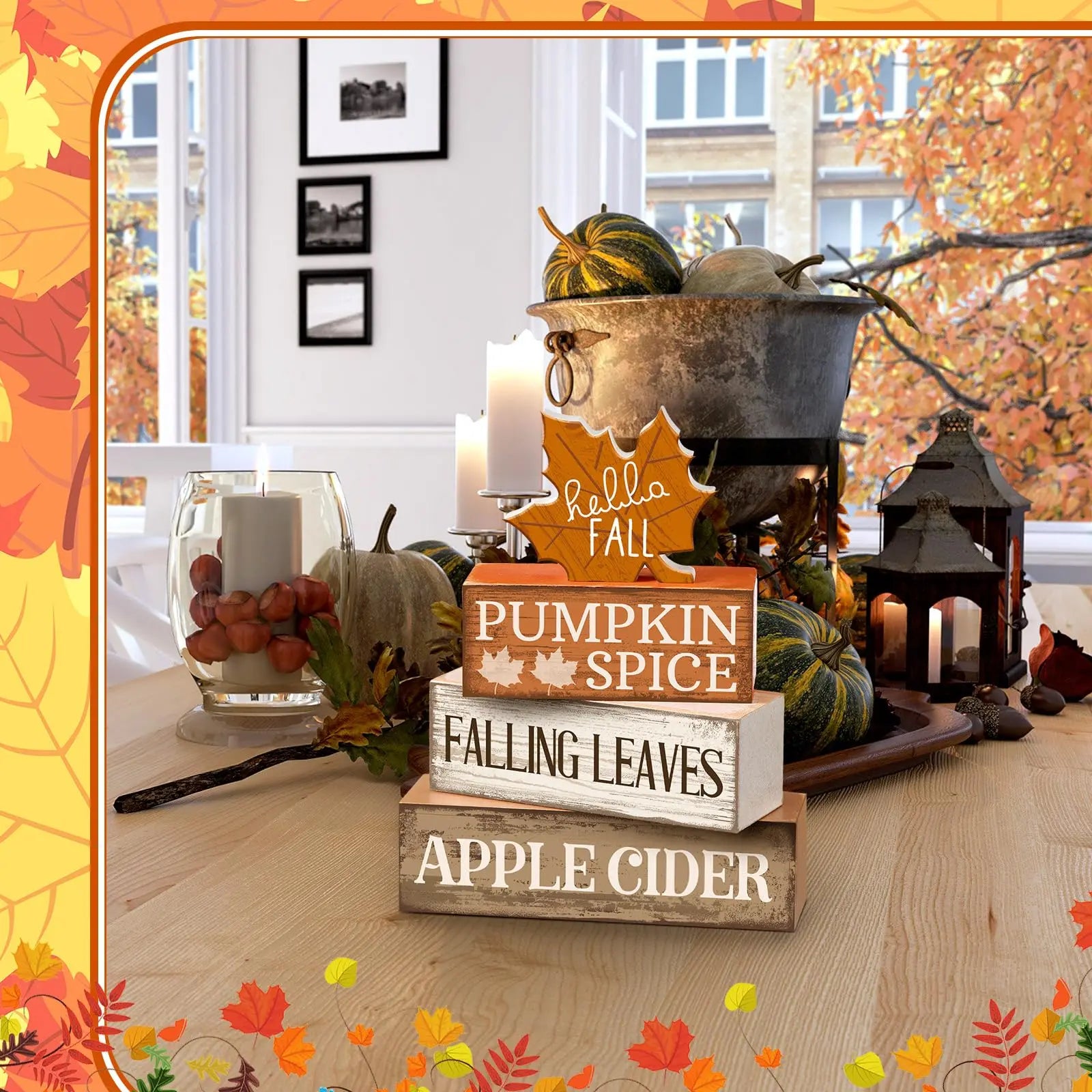 4-Piece Wooden Maple Leaf Fall Decor Set – Rustic Tiered Tray Decorations for Thanksgiving & Autumn Home Decor