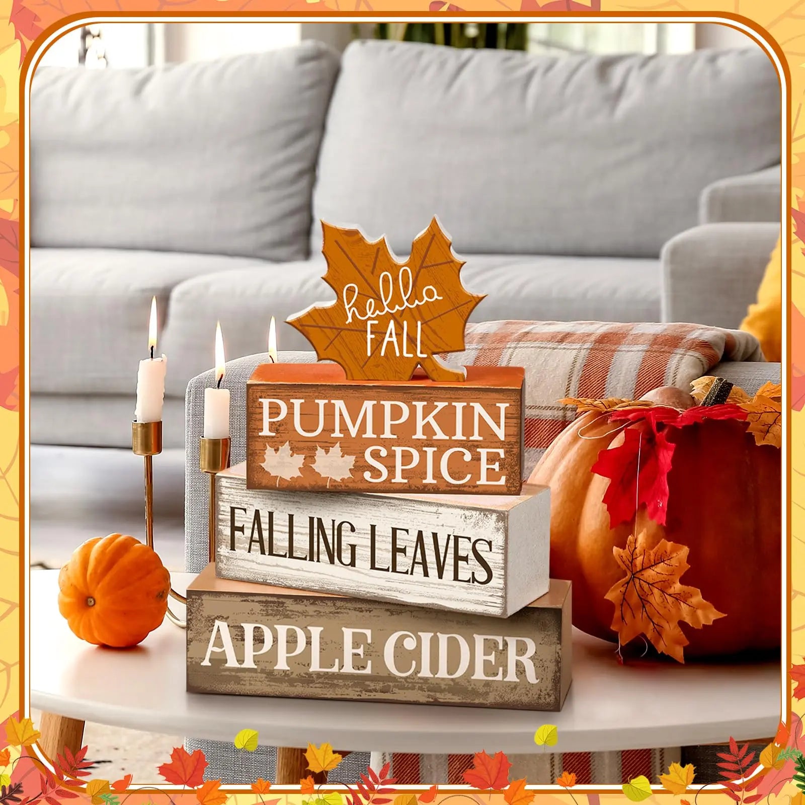 4-Piece Wooden Maple Leaf Fall Decor Set – Rustic Tiered Tray Decorations for Thanksgiving & Autumn Home Decor