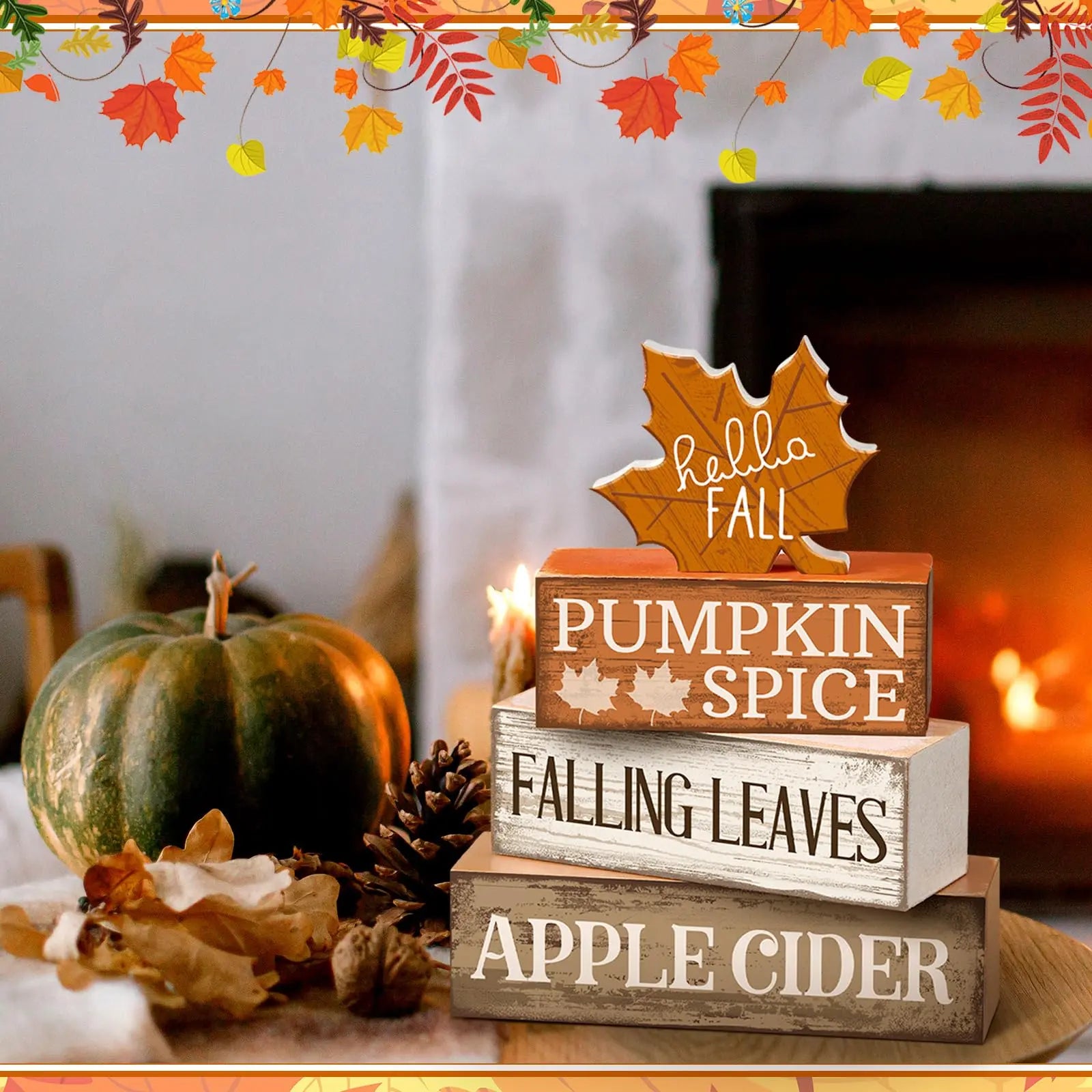 4-Piece Wooden Maple Leaf Fall Decor Set – Rustic Tiered Tray Decorations for Thanksgiving & Autumn Home Decor